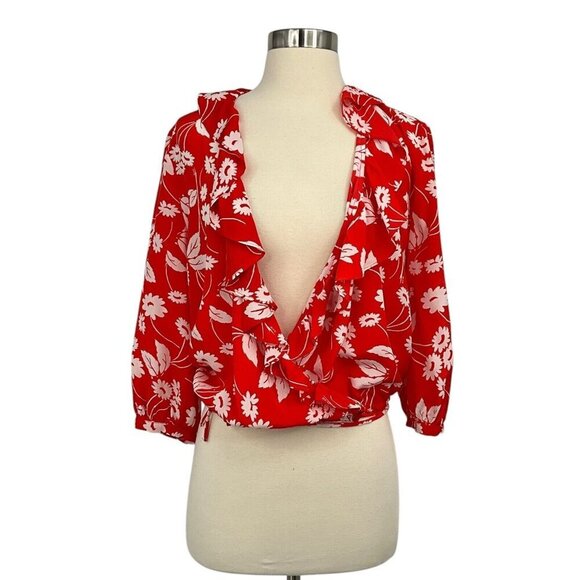 Rixo Sofia Red Daisy Ruffled Silk Wrap Blouse Size M Lightweight Tie Around - Picture 1 of 12